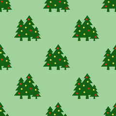 Seamless pattern. Image of green Christmas trees with balls on pastel yellow green backgrounds. Symbol of New Year and Christmas. Template for application to surface. 3D image. 3d rendering
