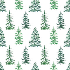 Winter forest trees seamless pattern. Hand painted watercolor print. Green pine and conifer tree with snow on branches, isolated on white background.
