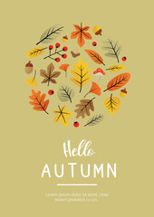 Autumn poster and banner template with leaves on light yellow background. Vector illustration for flyer, shop, invitation, discount, sale, decoration.