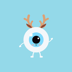 Christmas eye ball in reindeer headband with horns and ears icon in flat cartoon style isolated on background. Cute Happy New Year deer character for ophthalmology greeting card vector illustration. 