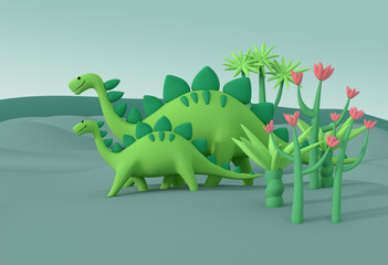 3D illustration. Parent and cub green dinosaurs walk among prehistoric vegetation. Funny cute characters