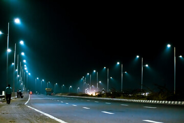 Fototapeta na wymiar National Highway No.6 in Maharashtra, India - Night View street Light