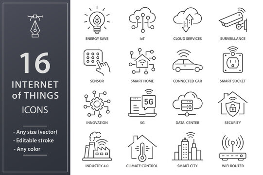 Internet of things icons, such as smart home, sensor, climat control, IoT and more. Editable stroke.