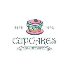label with cupcake for bakery shop isolated on white background