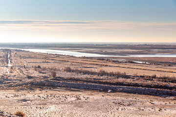Beautiful view at the top of Chilpyk Kala (or Chilpik Dakhma) on Amu Darya river. Karakalpakstan, Uzbekistan.