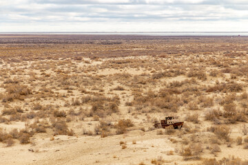 Aral sea monument. The graveyard of ships. Muynak (or Moynaq) city, Karakalpakstan, Uzbekistan.