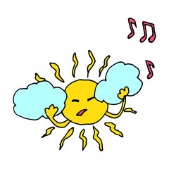 Sun vector character with clouds and notes
