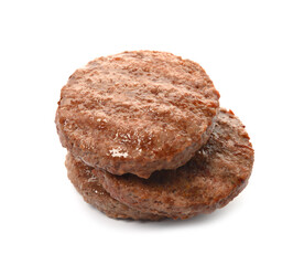 Tasty grilled hamburger patties on white background