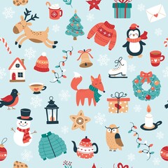 Christmas pattern with cute seasonal elements reindeer, fox, gifts, decorations, snowman. Festive background with hand drawn elements, vector illustration