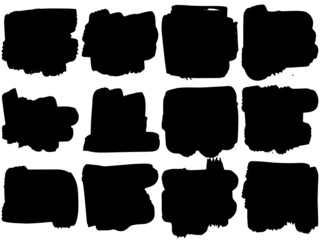 Black paint brush strokes, dirty inked grunge art brushes. Dirty ink texture splatters. Grunge rectangle text boxes
