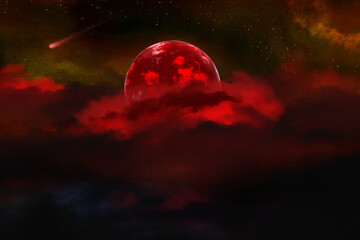 Red planet with a red nebula in the universe