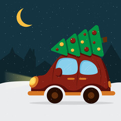 A red car carries a Christmas tree against the background of the city. vector illustration. Postcard for New Year and Christmas