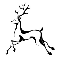 Vector black and white running reindeer silhouette isolated on a white background. Christmas symbol.