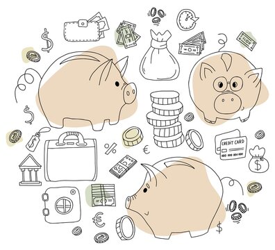Set of Vector illustrations in hand doodle style. Cute pig piggy bank and money, cash and coins, safe and bank, charts, wallet, bank cards and financial icons. outline linear for design and decor