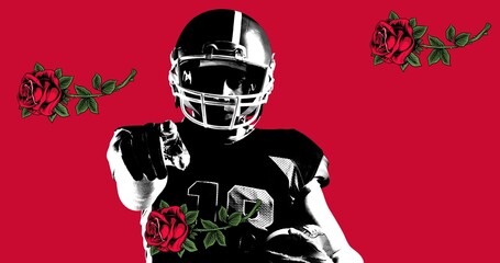 Portrait of confident american football player pointing at camera amidst falling roses