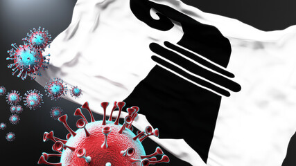 Canton of Basel and covid pandemic - virus attacking a city flag of Canton of Basel as a symbol of a fight and struggle with the virus pandemic in this city, 3d illustration