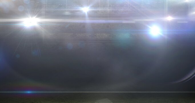 Digital composite image of illuminated american football stadium with glowing bright lights