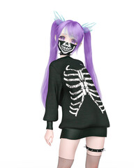 street girl wearing a skeleton outfit doing a cute pose on kwaii anime style on white background