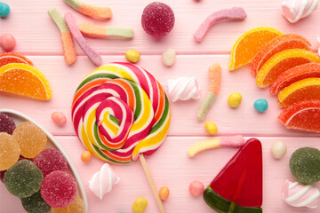 Colorful candies lollipops and jelly on pink background. Top view. Sweets