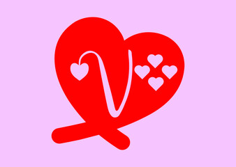 V letter logo with love icon, valentines day design template