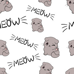 Seamless Pattern, Cute Gray Kittens and Meows on White.