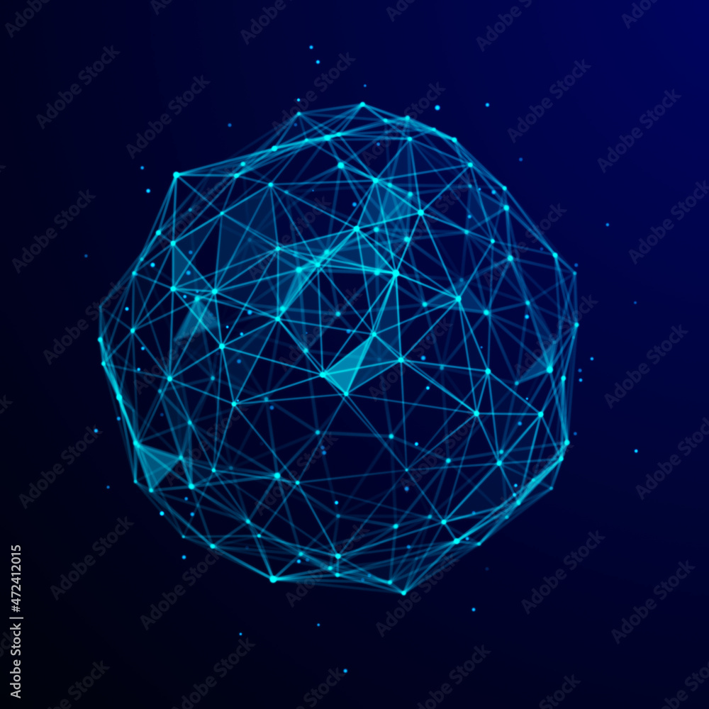 Poster Sphere made up of points and lines. Network connection structure. Big data visualization. 3D rendering.