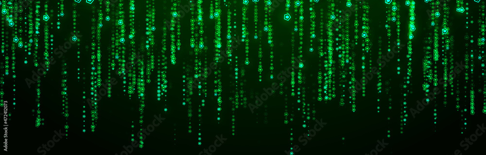 Poster cyberspace with green digital falling lines. geometric flow in cyberspace. high speed. big data conn