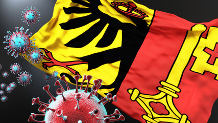 Canton of Geneva and covid pandemic - virus attacking a city flag of Canton of Geneva as a symbol of a fight and struggle with the virus pandemic in this city, 3d illustration