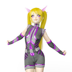 blond girl doing a power pose wearing a sporty outfit on kwaii anime style in white background