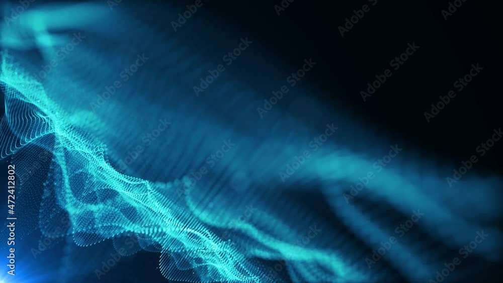 Poster fantasy blue textured abstract shape and light particles in organic motion. depth of field. seamless