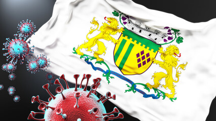 Caxias do Sul and covid pandemic - virus attacking a city flag of Caxias do Sul as a symbol of a fight and struggle with the virus pandemic in this city, 3d illustration
