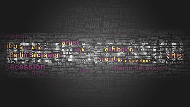 Berlin secession - essential terms related to it arranged in a 4-color word cloud poster. Reveals related primary and peripheral concepts, 3d illustration