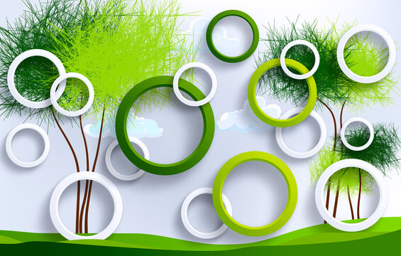 Fototapeta 3D white and green circles green tree background