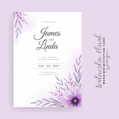 Beautiful hand-drawn floral wedding invitation card template with watercolor flower and leaves painting