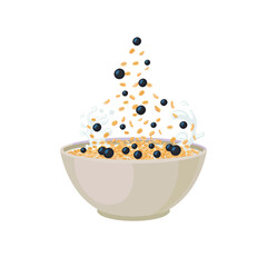 Oatmeal Bowl Isolated on White Background, Oat Grain Porriadge, Breakfast Illustration, Falling Oats, Cereals.