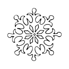 Thin line doodle snowflake. Ice crystal hand drawn. Vector of frosty pattern. Winter snow ornament. Christmas illustration isolated on white background.