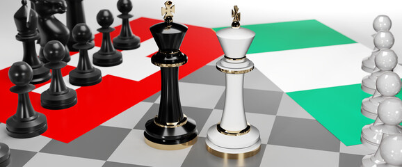 Switzerland and Nigeria - talks, debate, dialog or a confrontation between those two countries shown as two chess kings with flags that symbolize art of meetings and negotiations, 3d illustration