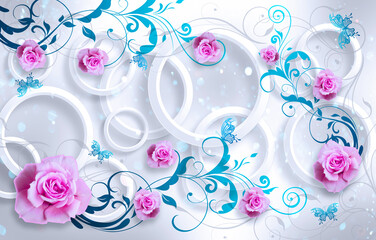 Pink flowers on 3D white circle background wallpaper for walls.