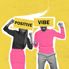 Contemporary art collage of young cheerful couple spreading positive vibe isolated over yellow...