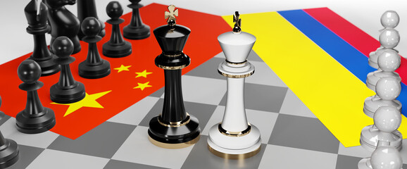 China and Colombia - talks, debate, dialog or a confrontation between those two countries shown as two chess kings with flags that symbolize art of meetings and negotiations, 3d illustration