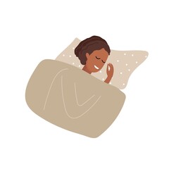 Young woman sleeps on pillow under blanket and smiles at dreams. Lady naps in bed. Girl resting. Healthy lifestyle Concept. Sleep flat Vector illustration in flet style © Елена Кутузова