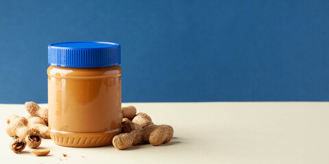 Closed can of peanut butter. Banner. Copy space.