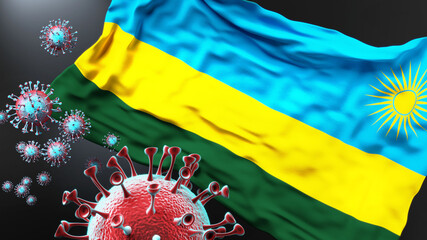 Rwanda and the covid pandemic - corona virus attacking national flag of Rwanda to symbolize the fight, struggle and the virus presence in this country, 3d illustration