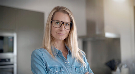 portrait of a forty year old blonde woman wearing glasses