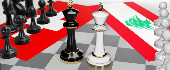 Switzerland and Lebanon - talks, debate, dialog or a confrontation between those two countries shown as two chess kings with flags that symbolize art of meetings and negotiations, 3d illustration