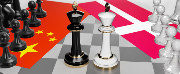 China and Denmark - talks, debate, dialog or a confrontation between those two countries shown as two chess kings with flags that symbolize art of meetings and negotiations, 3d illustration