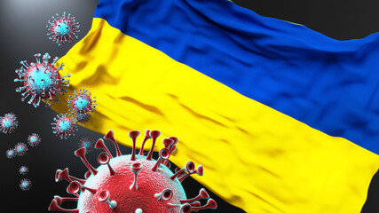 Chemnitz and covid pandemic - virus attacking a city flag of Chemnitz as a symbol of a fight and struggle with the virus pandemic in this city, 3d illustration