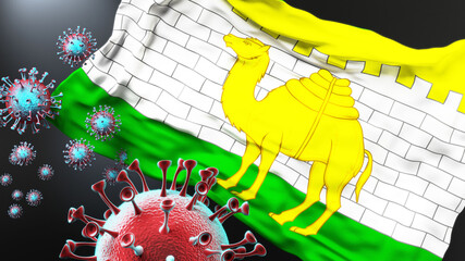 Chelyabinsk and covid pandemic - virus attacking a city flag of Chelyabinsk as a symbol of a fight and struggle with the virus pandemic in this city, 3d illustration