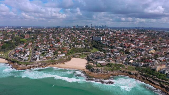 Sydney residential suburb Tamarama Beach aerial view. Australian city