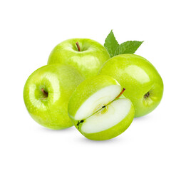 Fresh green apple with  leaves isolated on white background